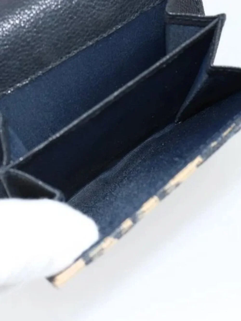 Christian Dior Trotter Canvas Compact Wallet Navy Silver Auth 181463A
